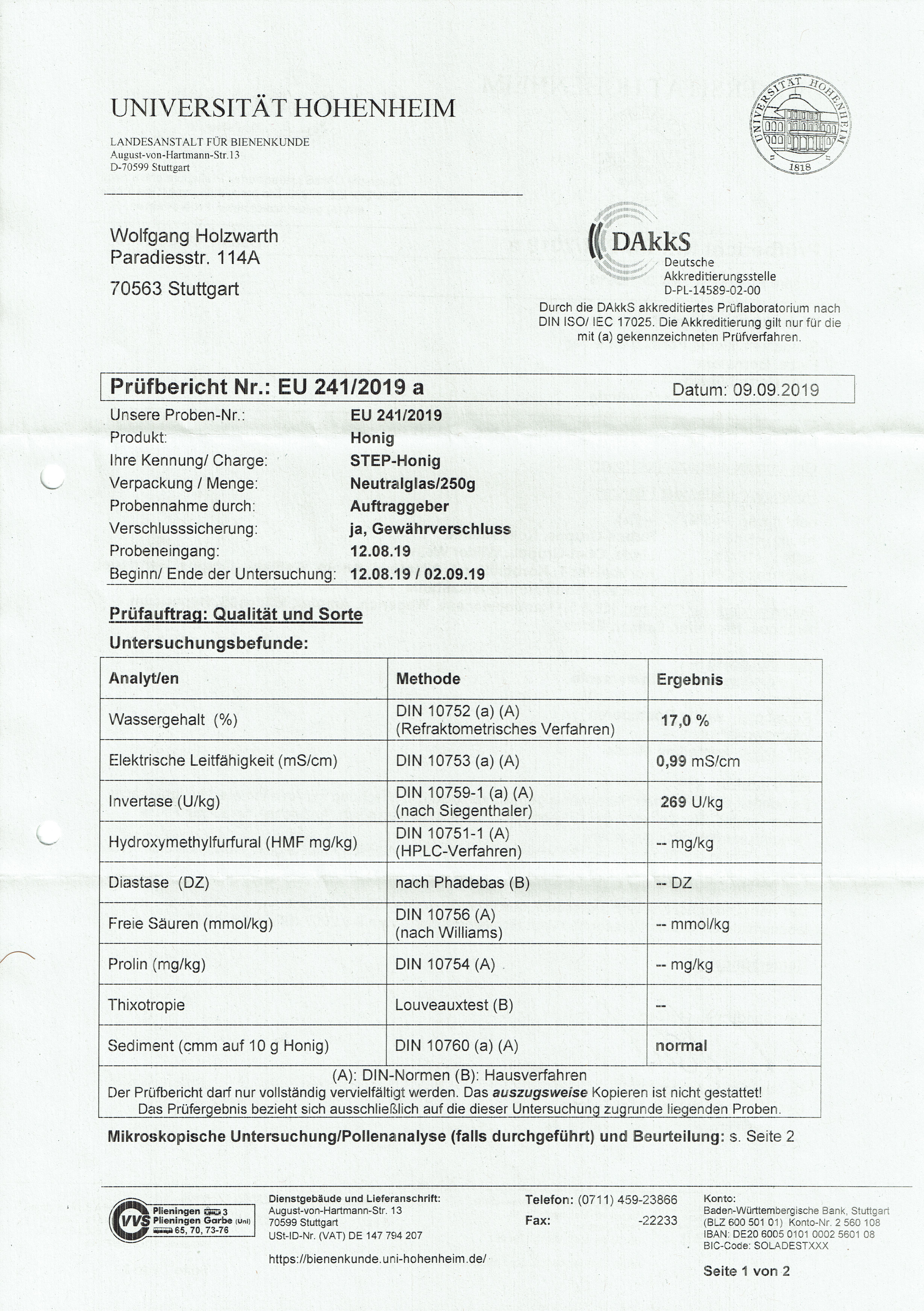 Prüfbericht über eine Probe des
      STEP-Honigs
